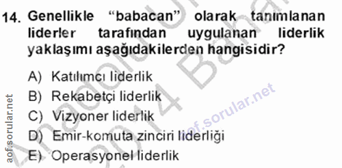 14. soru: Genellikle "babacan"' olarak tanımlanan liderler tarafindan uygulanan liderlik yaklaşımı aşağıdakilerden hangisidir?…