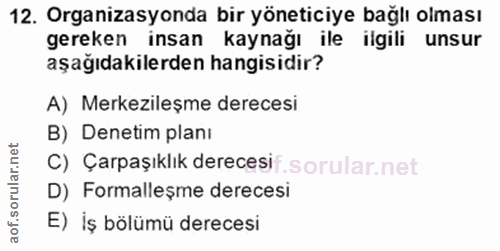 12. soru: Organizasyonda bir yöneticiye bağlı olması gereken insan kaynağı ile ilgili unsur aşağıdakilerden hangisidir? A) Merk…