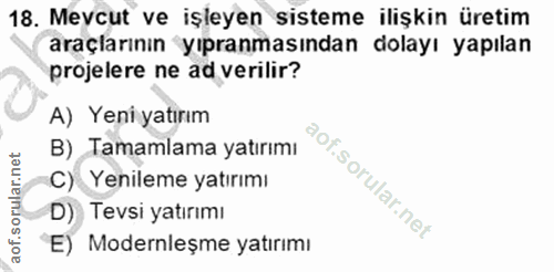 18. soru: Mevcut ve işleyen sisteme ilişkin üretim araçlarının yıpranmasından dolayı yapılan projelere ne ad verilir? A) Yeni y…