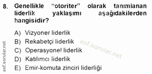 8. soru: Genellikle "otoriter" olarak tanimlanan liderlik yaklaşımı aşağıdakilerden hangisidir? A) Vizyoner liderlik B) Rekabe…