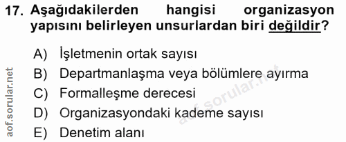 17. soru: Aşağıdakilerden hangisi organizasyon yapısını belirleyen unsurlardan biri değildir? A) Işletmenin ortak sayısı B) Dep…