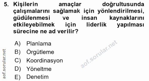 5. soru: Kişilerin amaçlar doğrultusunda çalışmalarını sağlamak için yönlendirilmesi, güdülenmesi ve insan kaynaklarını etkile…