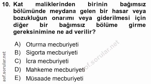 10. soru: Kat maliklerinden birinin bağımsız bölümünde meydana gelen bir hasar veya bozukluğun onarımı veya giderilmesi için di…