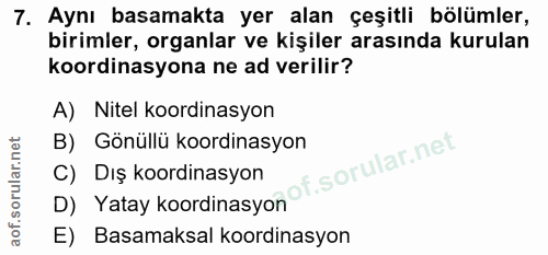 7. soru: Aynı basamakta yer alan çeşitli bölümler, birimler, organlar ve kişiler arasında kurulan koordinasyona ne ad verilir?…