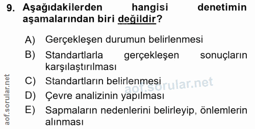 9. soru: Aşağıdakilerden hangisi denetimin aşamalarından biri değildir? A) Gerçekleşen durumun belirlenmesi B) Standartlarla g…