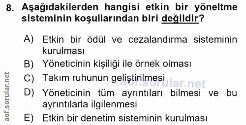 8. soru: Aşağıdakilerden hangisi etkin bir yöneltme sisteminin koşullarından biri değildir? A) Etkin bir ödül ve cezalandırma…