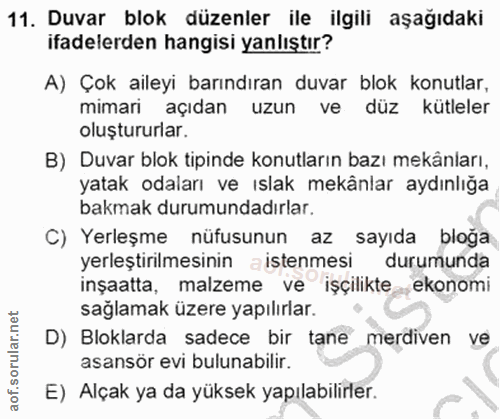11. soru: Duvar blok düzenler ile ilgili aşağıdaki ifadelerden hangisi yanlıştır? A) Çok aileyi barındıran duvar blok konutlar,…