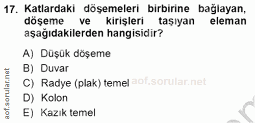 17. soru: Katlardaki döşemeleri birbirine bağlayan, döşeme ve kirişleri taşıyan eleman aşağıdakilerden hangisidir? A) Düşük döş…