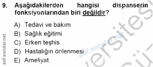 9. soru: Aşağıdakilerden hangisi dispanserin fonksiyonlarından biri değildir? A) Tedavi ve bakım B) Sağlık eğitimi C) Erken te…