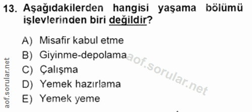13. soru: Aşağıdakilerden hangisi yaşama bölümü işlevlerinden biri değildir? A) Misafir kabul etme C) Çalışma B) Giyinme-depola…