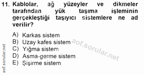 11. soru: Kablolar, ağ yüzeyler ve dikmeler tarafından yük taşıma işleminin gerçekleştiği taşıyıcı sistemlere ne ad verilir? B)…