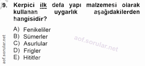 9. soru: Kerpici ilk defa yapı malzemesi olarak kullanan uygarlık aşağıdakilerden hangisidir? A) Fenikeliler B) Sümerler C) As…