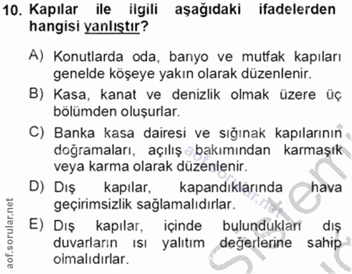 10. soru: Kapılar ile ilgili aşağıdaki ifadelerden hangisi yanlıştır? A) Konutlarda oda, banyo ve mutfak kapıları genelde köşey…