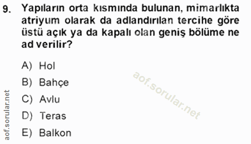 9. soru: Yapıların orta kısmında bulunan, mimarlıkta atiyum olarak da adlandırılan tercihe göre üstü açık ya da kapalı olan ge…