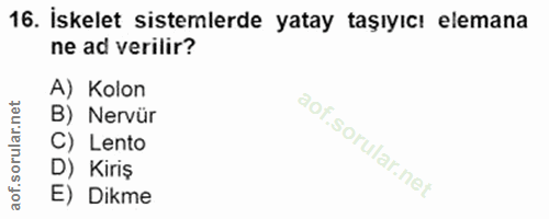 16. soru: İskelet sistemlerde yatay taşıyıcı elemana ne ad verilir? A) Kolon rular.net B) Nervür C) Lento aof.so D) Kiriş E) Dikme