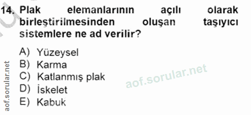 14. soru: Plak elemanlarının açılı olarak birleştirilmesinden oluşan taşıyıcı sistemlere ne ad verilir? A) Yüzeysel B) Karma C)…