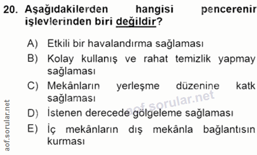 20. soru: Aşağıdakilerden hangisi pencerenir işlevlerinden biri değildir? A) Etkili bir havalandırma sağlaması B) Kolay kullanı…
