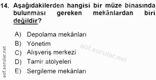 14. soru: Aşağıdakilerden hangisi bir müze binasında bulunması gereken mekânlardan biri değildir? A) Depolama mekânları B) Yöne…
