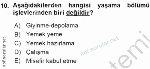 10. soru: Aşağıdakilerden hangisi yaşama bölümü işlevlerinden biri değildir? A) Giyinme-depolama B) Yemek yeme C) Yemek hazırla…