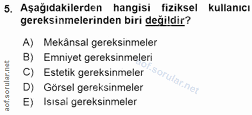 5. soru: Aşağıdakilerden hangisi fiziksel kullanıcı gereksinmelerinden biri değildir? A) Mekânsal gereksinmeler B) Emniyet ger…