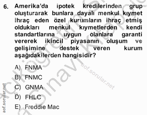 6. soru: Amerika'da ipotek kredilerinden grup oluşturarak bunlara dayalı menkul kıymet ihraç eden özel kurumların ihraç etmiş…