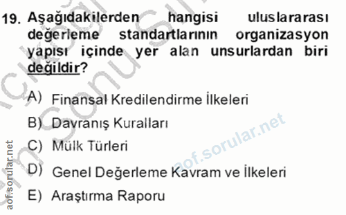 19. soru: Aşağıdakilerden hangisi uluslararası değerleme standartlarının organizasyon yapısı içinde yer alan unsurlardan biri d…