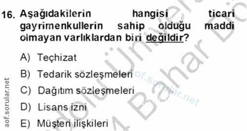 16. soru: Aşağıdakilerin hangisi ticari gayrimenkullerin sahip olduğu maddi olmayan varlıklardan biri değildir? A) Teçhizat B)…