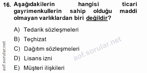 16. soru: Aşağıdakilerin hangisi ticari gayrimenkullerin sahip olduğu maddi olmayan varlıklardan biri değildir? A) Tedarik sözl…