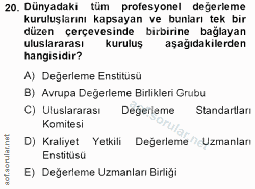 20. soru: Dünyadaki tüm profesyonel degerleme kuruluşlarını kapsayan ve bunarı tek bir düzen çerçevesinde birbirine bağlayan ul…
