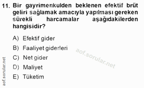 11. soru: Bir gayrimenkulden beklenen efektif brüt geliri sağlamak amacıyla yapılması gereken sürekli harcamalar aşağıdakilerde…