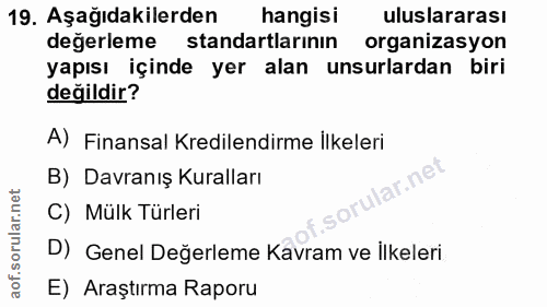 19. soru: Aşağıdakilerden hangisi uluslararası değerleme standartlarının organizasyon yapısı içinde yer alan unsurlardan biri d…