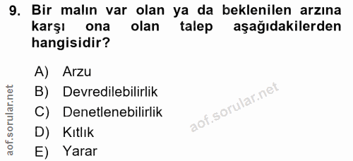 9. soru: Bir malın var olan ya da beklenilen arzına karşı ona olan talep aşağıdakilerden hangisidir? A) Arzu B) Devredilebilir…