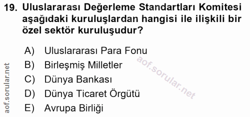 19. soru: Uluslararası Değerleme Standartları Komitesi aşağıdaki kuruluşlardan hangisi ile ilişkili bir özel sektör kuruluşudur…