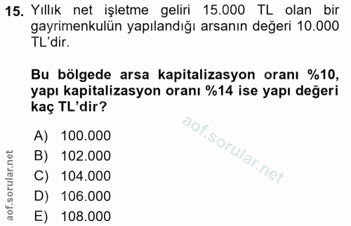 15. soru: Yıllık net işletme geliri 15.000 TL olan bir gayrimenkulün yapılandığı arsanın değeri 10.000 TL'dir. Bu bölgede arsa…