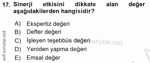 17. soru: Sinerji etkisini dikkate alan değer aşağıdakilerden hangisidir? A) Ekspertiz değeri B) Defter değeri ar. C) İşleyen t…