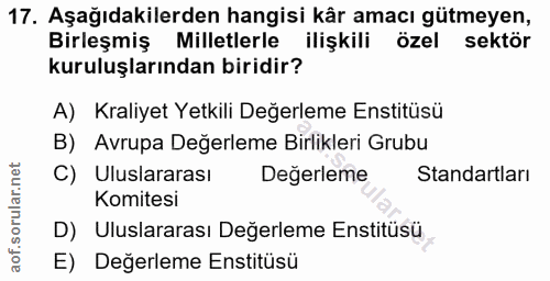 17. soru: Aşağıdakilerden hangisi kâr amacı gütmeyen, Birleşmiş Milletlerle ilişkili özel sektör kuruluşlarından biridir? A) Kr…