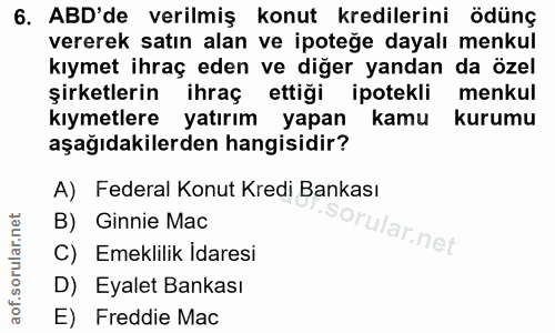 6. soru: ABD'de verilmiş konut kredilerini ödünç vererek satın alan ve ipoteğe dayalı menkul kıymet ihraç eden ve diğer yandan…