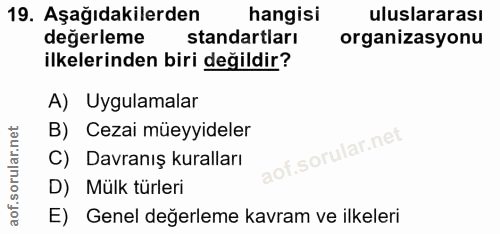 19. soru: Aşağıdakilerden hangisi uluslararası degerleme standartları organizasyonu ilkelerinden biri değildir? A) Uygulamalar…