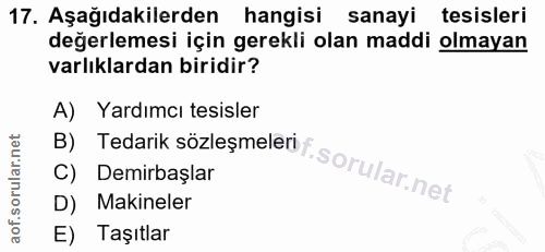 17. soru: Aşağıdakilerden hangisi sanayi tesisleri değerlemesi için gerekli olan maddi olmayan varlıklardan biridir? A) Yardımc…