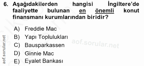 6. soru: Aşağıdakilerden hangisi Ingiltere'de taaliyette bulunan en önemli konut finansmanı kurumlarından biridir? A) Freddie…