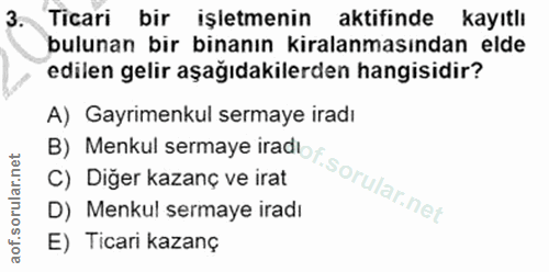 3. soru: Ticari bir işletmenin aktifinde kayıtlı bulunan bir binanın kiralanmasından elde edilen gelir aşağıdakilerden hangisi…