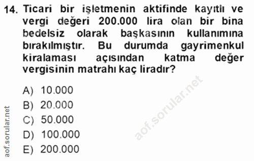 14. soru: Ticari bir işletmenin aktifinde kayıtiı ve vergi değeri 200.000 lira olan bir bina bedelsiz olarak başkasının kullanı…