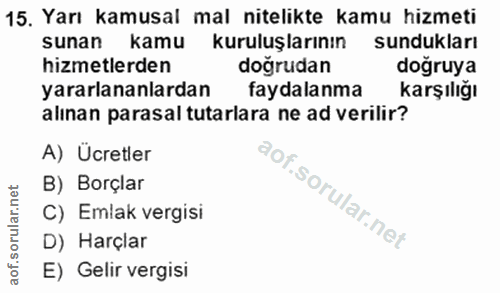 15. soru: Yarı kamusal mal nitelikte kamu hizmeti sunan kamu kuruluşlarının sundukları hizmetlerden doğrudan doğruya yararlanan…