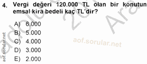 4. soru: Vergi değeri 120.000 TL olan bir konutun emsal kira bedeli kaç TL'dir? A) 6.000 B) 5.000 C) 4.000 D) 3.000 E) 2.000