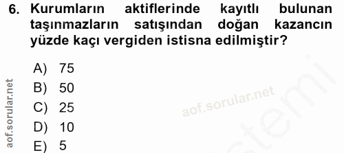 6. soru: Kurumların aktiflerinde kayıtlı bulunan taşınmazların satışından doğan kazancın yüzde kaçı vergiden istisna edilmişti…