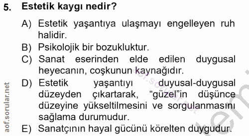 5. soru: Estetik kaygı nedir? A) Estetik yaşantıya ulaşmayı engelleyen ruh halidir. B) Psikolojik bir bozukluktur. C) Sanat es…