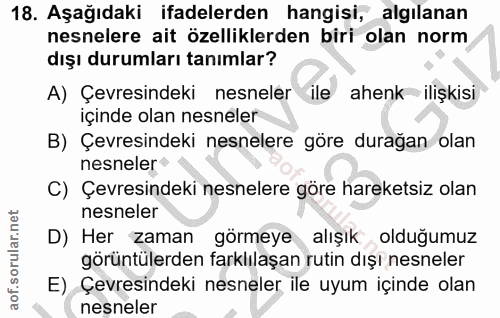 18. soru: Aşağıdaki ifadelerden hangisi, algılanan nesnelere ait özelliklerden biri olan norm dışı durumları tanımlar? A) Çevre…