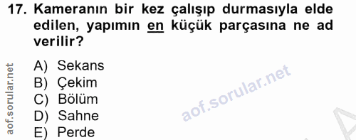 17. soru: Kameranın bir kez çalışıp durmasıyla elde edilen, yapımın en küçük parçasına ne ad verilir? A) Sekans B) Çekım C) Bol…