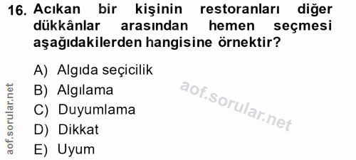 16. soru: Acıkan bir kişinin restoranları diğer dükkânlar arasından hemen seçmesi aşağıdakilerden hangisine örnektir? A) Algıda…