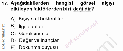 17. soru: Aşağıdakilerden hangisi görsel algıyı etkileyen faktörlerden biri değildir? A) Kişiye ait beklentiler B) Ilgi alanlar…